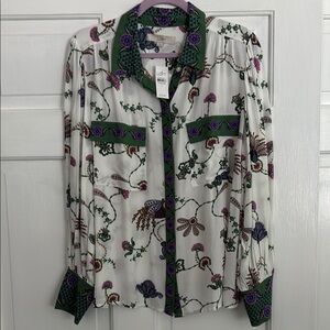 LOFT Botanical Print Blouse with Green and Purple Accents